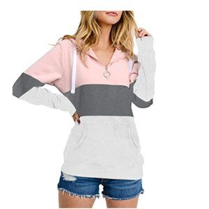 Long Sleeve Color Block Knited Pullover Drawstring